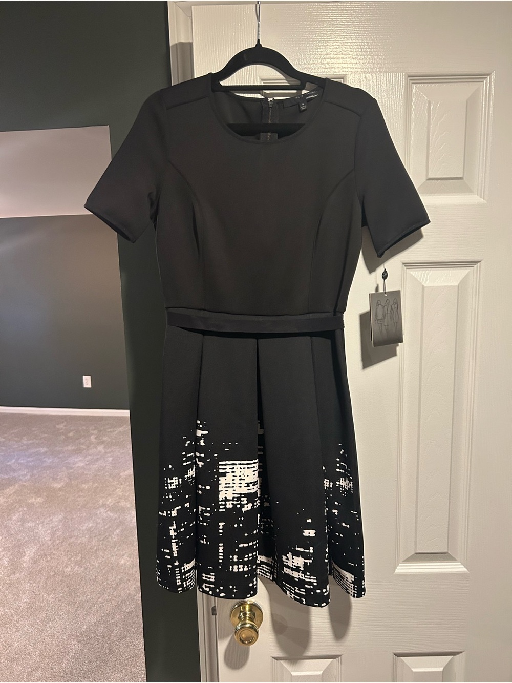 Elie Tahari Black Fit-and-Flare Mini Dress with White Skyline Print